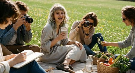 A group of friends enjoying a picnic in a sunny meadow with cameras and foodの素材