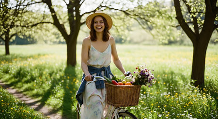 A smiling woman riding a bicycle through a beautiful green landscape with a basket full of flowers and fruitsの素材