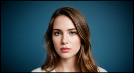 A young woman with long brown hair and blue eyes against a blue backgroundの素材