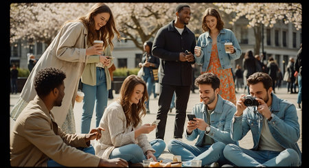 A group of diverse friends enjoying a picnic in a park on a sunny dayの素材