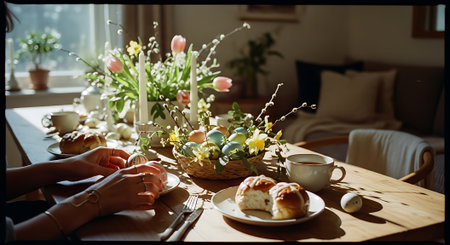 A romantic Easter breakfast setup in a cozy home with flowers and candlesの素材