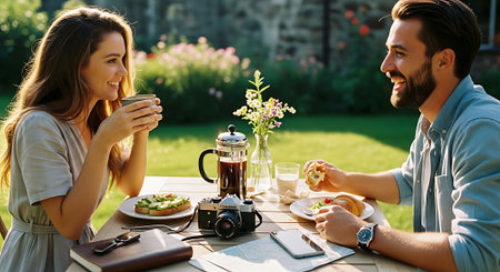 A young couple enjoying a romantic breakfast in a beautiful garden on a sunny dayの素材