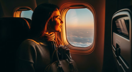 A woman looks out the airplane window at sunset during a flightの素材