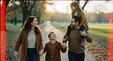 A happy family of four enjoying a walk together in the parkの素材