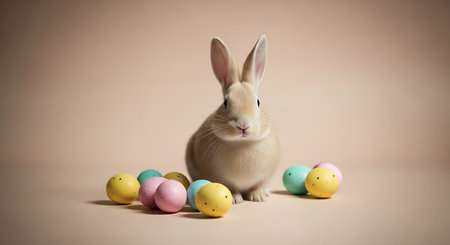A cute Easter bunny sitting with colorful eggs on a beige backgroundの素材