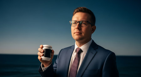 A businessman in a suit holding a cup of coffee by the oceanの素材