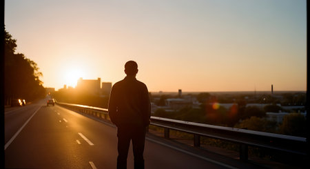 A man stands alone on a highway at sunset overlooking the cityの素材