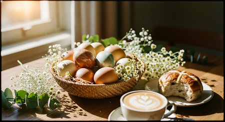 A basket of decorated Easter eggs with coffee and bread on a tableの素材