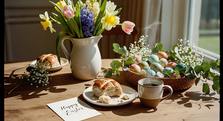 A beautifully set Easter table with flowers, hot cross buns, and decorated eggsの素材
