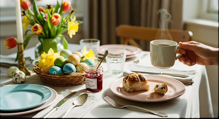 A beautifully set Easter table with a basket of colorful eggs and a person enjoying a cup of coffeeの素材