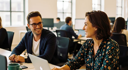Two colleagues collaborating on a laptop in a modern office spaceの素材