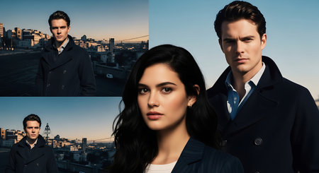 A collage of three people standing in front of a city skyline at duskの素材