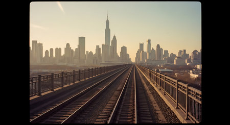 A city skyline with train tracks leading into the urban landscape at sunriseの素材