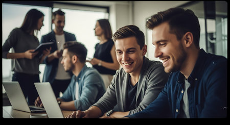Two young men smiling while working on laptops in a modern officeの素材