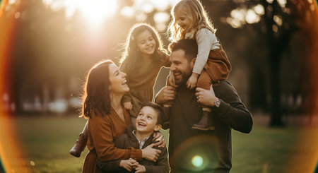 A happy family of five enjoying a sunny day in a park togetherの素材