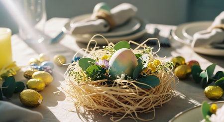 A beautifully decorated Easter nest with colorful eggs on a tableの素材