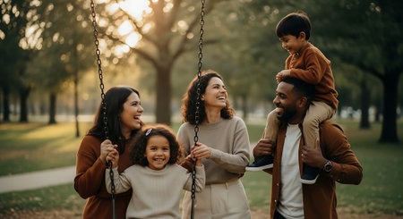 A happy family of two generations playing together on swings in a parkの素材