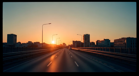 A city highway at sunset with a clear sky and tall buildingsの素材