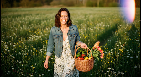 A smiling woman holding a wicker basket of fresh produce in a field of wildflowersの素材