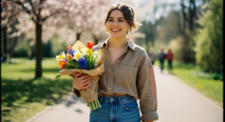 A smiling young woman holding a colorful bouquet of flowers in a parkの素材
