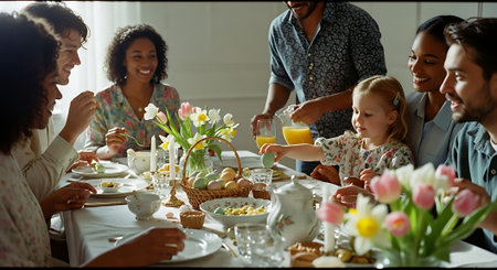 A diverse family enjoying a meal together at a beautifully set tableの素材