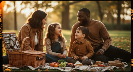 A happy family enjoying a picnic together in a park at sunsetの素材