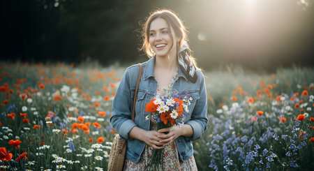 A young woman smiling and holding flowers in a beautiful field of colorful wildflowersの素材