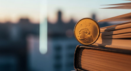 A gold coin sitting on top of a stack of books with a cityscape in the background at sunsetの素材