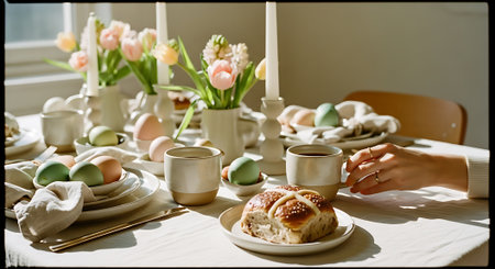 A beautifully set Easter table with pastel-colored eggs and flowersの素材