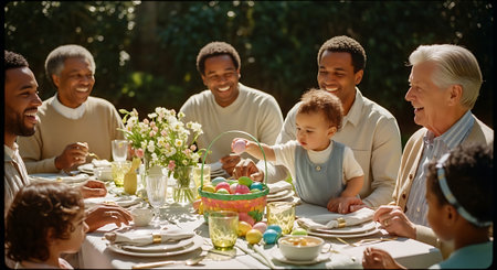 A multi-generational family gathers around a table for a festive Easter meal outdoorsの素材
