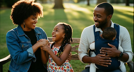 A happy African American family of four sitting together on a park benchの素材