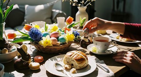 A person enjoying a festive Easter breakfast with colorful eggs and flowersの素材