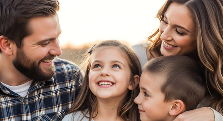 A happy family of four smiling together outdoors at sunsetの素材