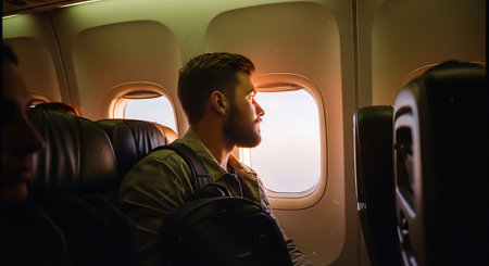 A man sits in an airplane seat looking out the windowの素材