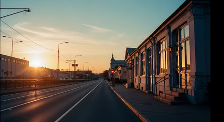 A serene city street at sunset with buildings and a clear skyの素材