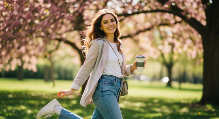 A young woman enjoying a coffee on a sunny spring day in the parkの素材