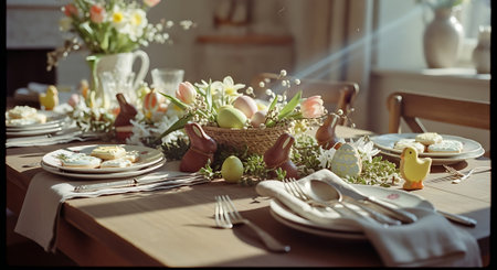 A beautifully set Easter table with flowers and decorative eggsの素材