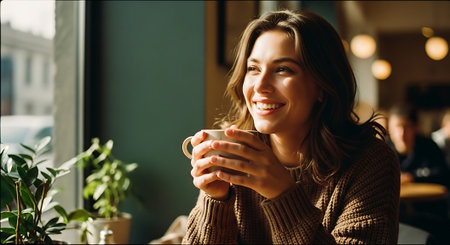A smiling woman enjoying a cup of coffee in a cozy cafeの素材