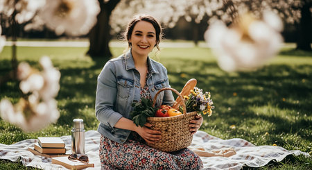 A smiling woman holding a picnic basket in a park with blooming treesの素材