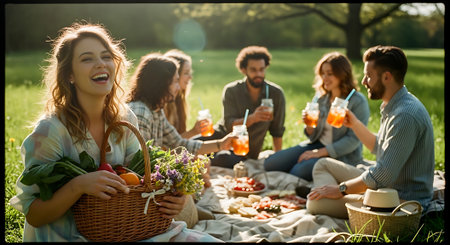 A group of friends enjoying a picnic in a beautiful green fieldの素材