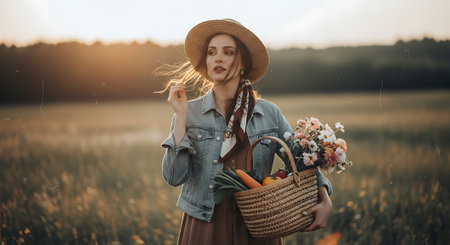 A young woman in a straw hat holding a basket of fresh vegetables and flowers in a field at sunsetの素材