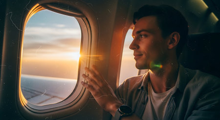A man looks out an airplane window at a beautiful sunsetの素材