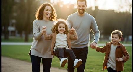 A happy family of four enjoying a walk together in a parkの素材