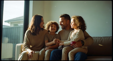 A happy family of four sitting together on a couch in their living roomの素材