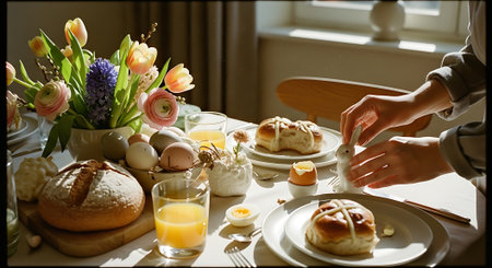 A beautifully set Easter table with bread, flowers, and eggsの素材