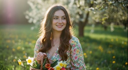 A young woman holding a basket of colorful flowers in a sunny meadowの素材