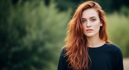 A young woman with long red hair standing in a natural outdoor settingの素材
