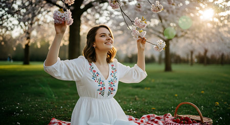 A young woman enjoying a peaceful picnic in a park with cherry blossomsの素材