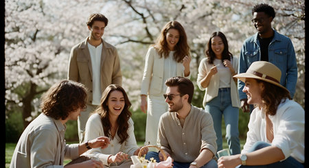 A group of friends enjoying a picnic in a park with blooming treesの素材
