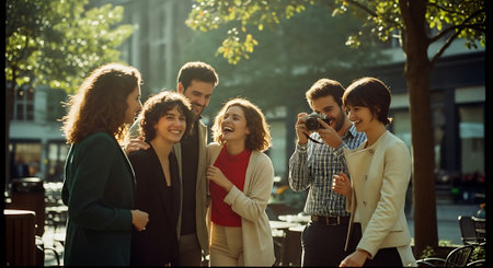 A group of young adults laughing and taking photos in a parkの素材